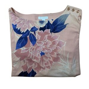 Charter Club Floral Top Gold Button Detail 3/4 Sleeve‎ Blouse Pink Blue L NWT